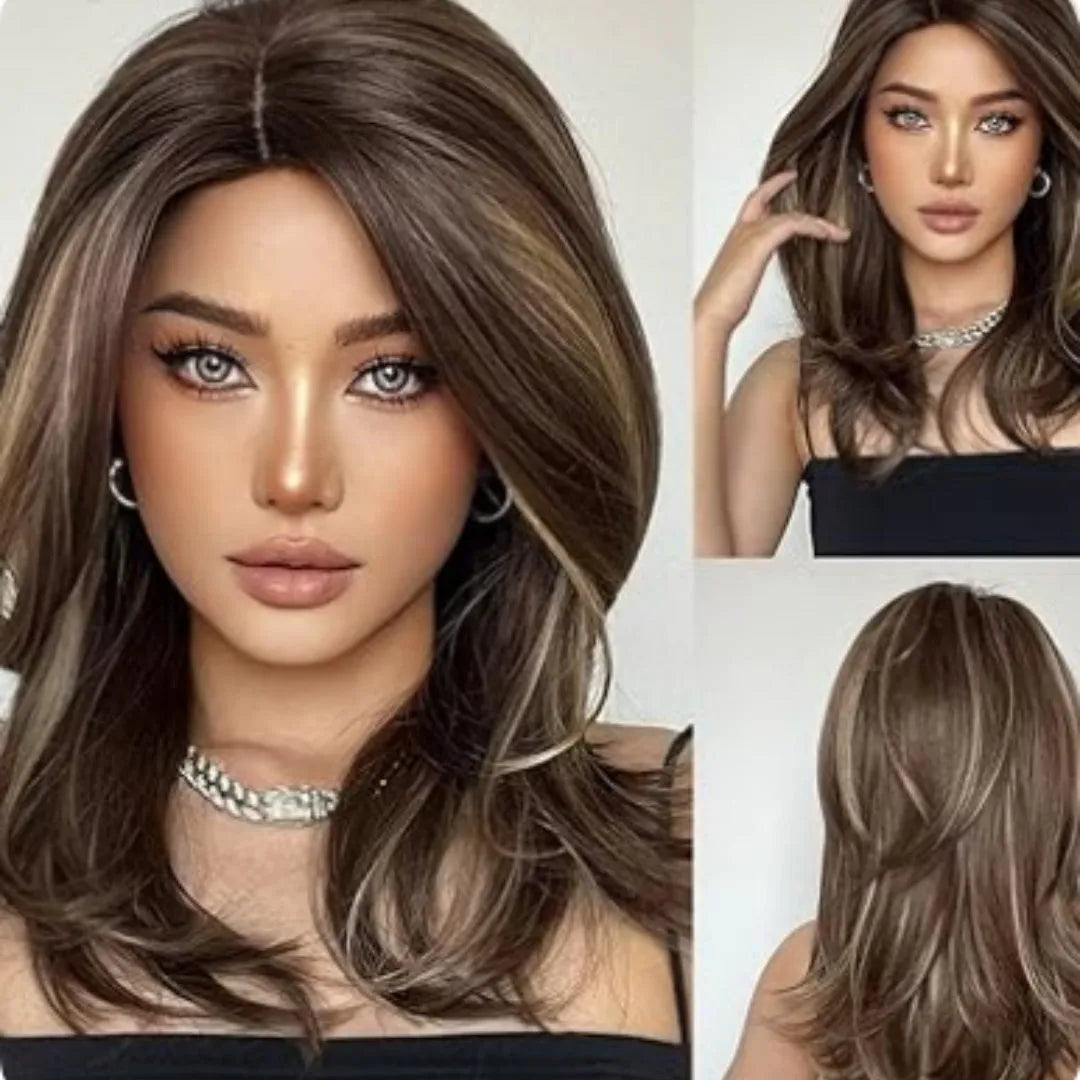 Mid-length curly full-head wig with long bangs in a white gold gradient colour