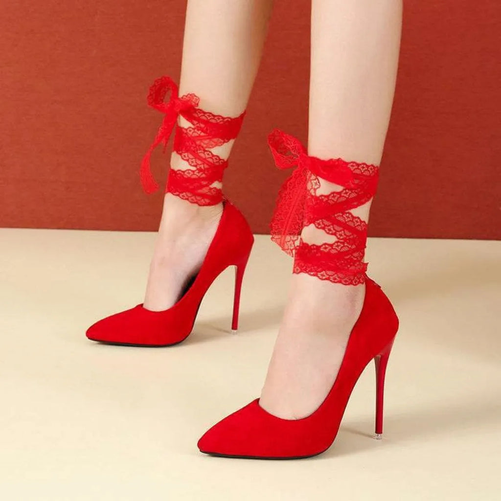 Pointed toe PU shoes with flat buckle strap in black or red, 10cm or 12cm heel height, sizes 35-45