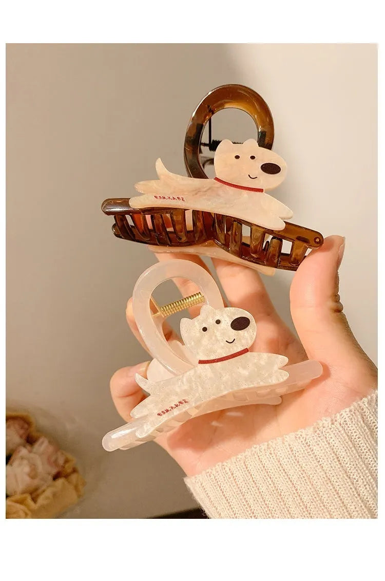 Cute cartoon puppy hair barrette clip in Korean style, shown in beige and brown colour options.