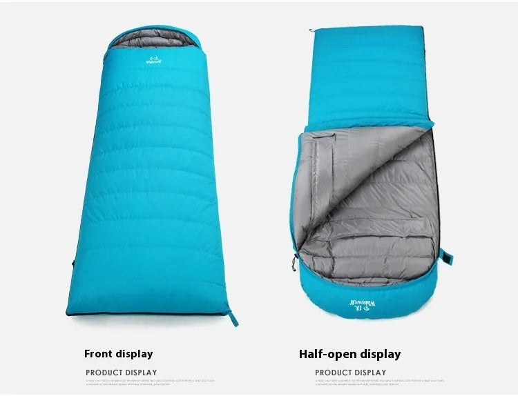 Black outdoor sleeping bag with goose down filling and nylon exterior