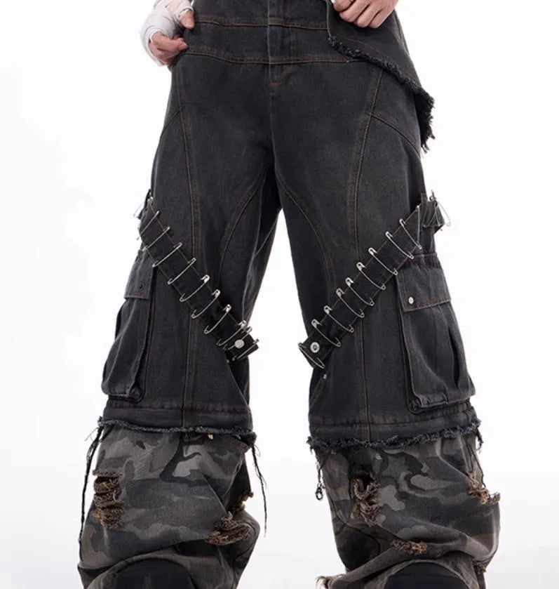 Men's grey camouflage splicing jeans with pin and ribbon details on cotton fabric