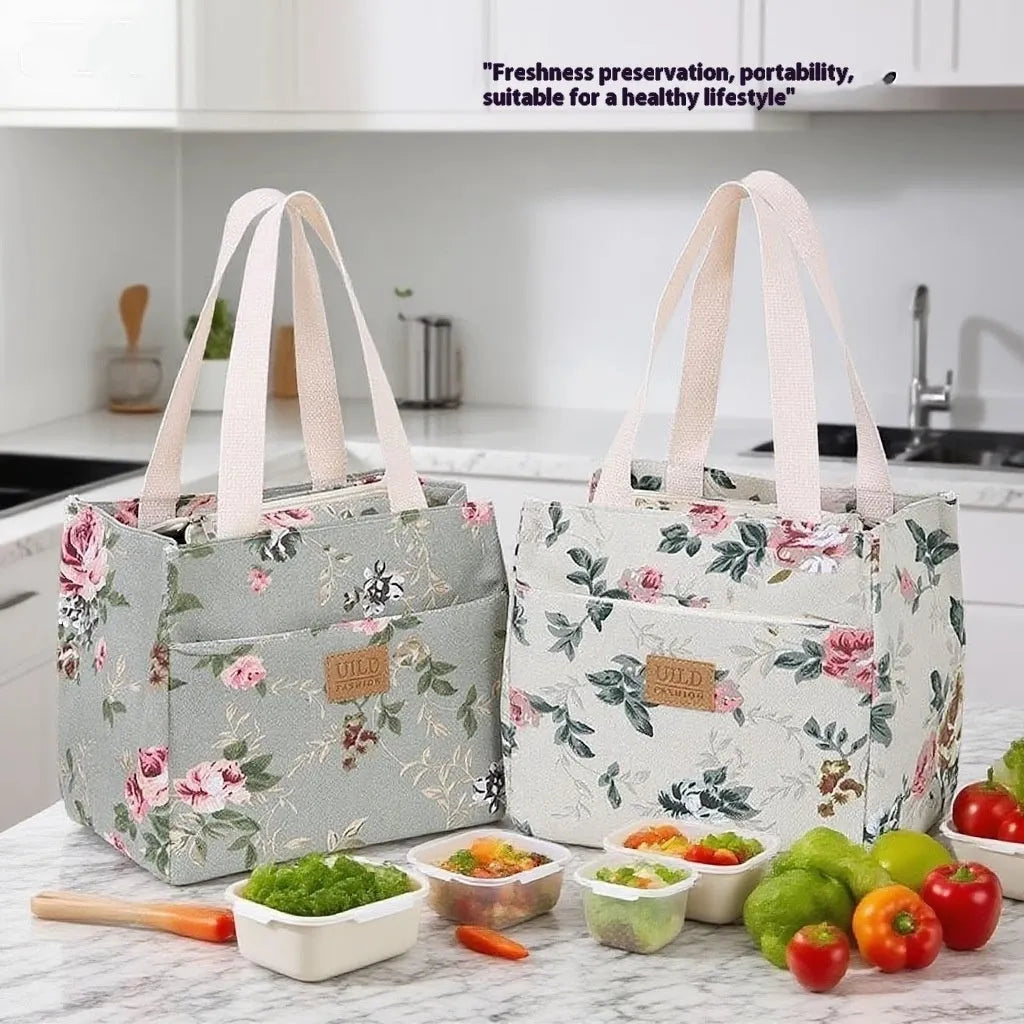 Women's printed canvas bag with flower patterns, thickened aluminium handles, and horizontal square shape