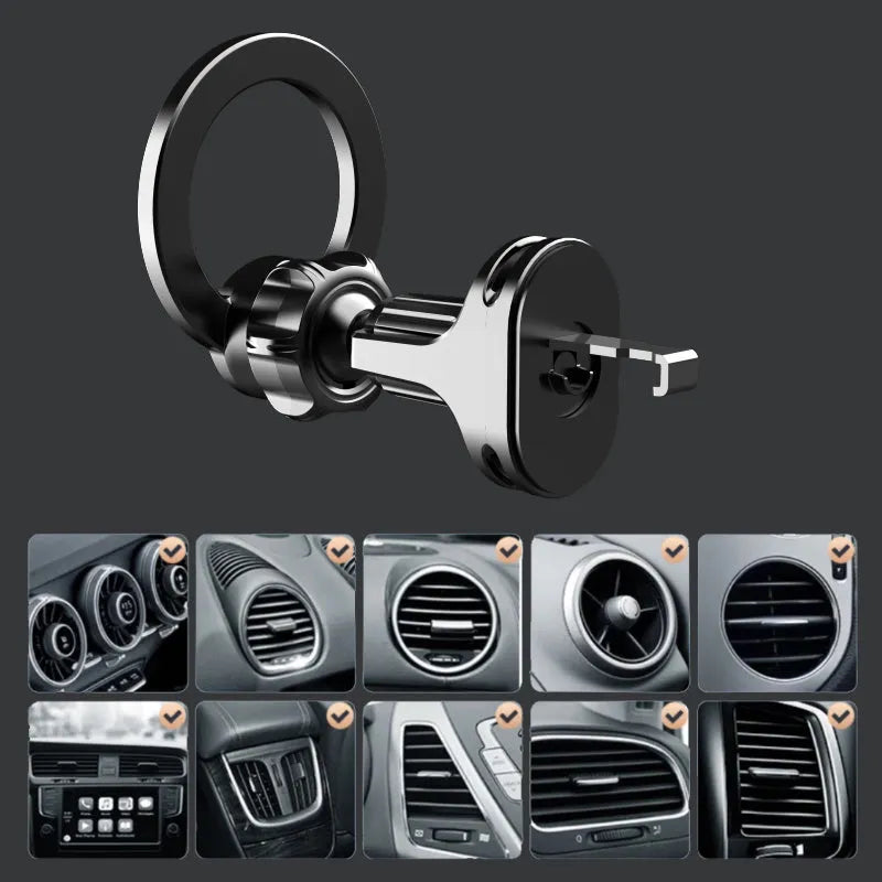Black magnetic car air vent mobile phone holder with O‑ring bracket for phones up to 6.8 inches.
