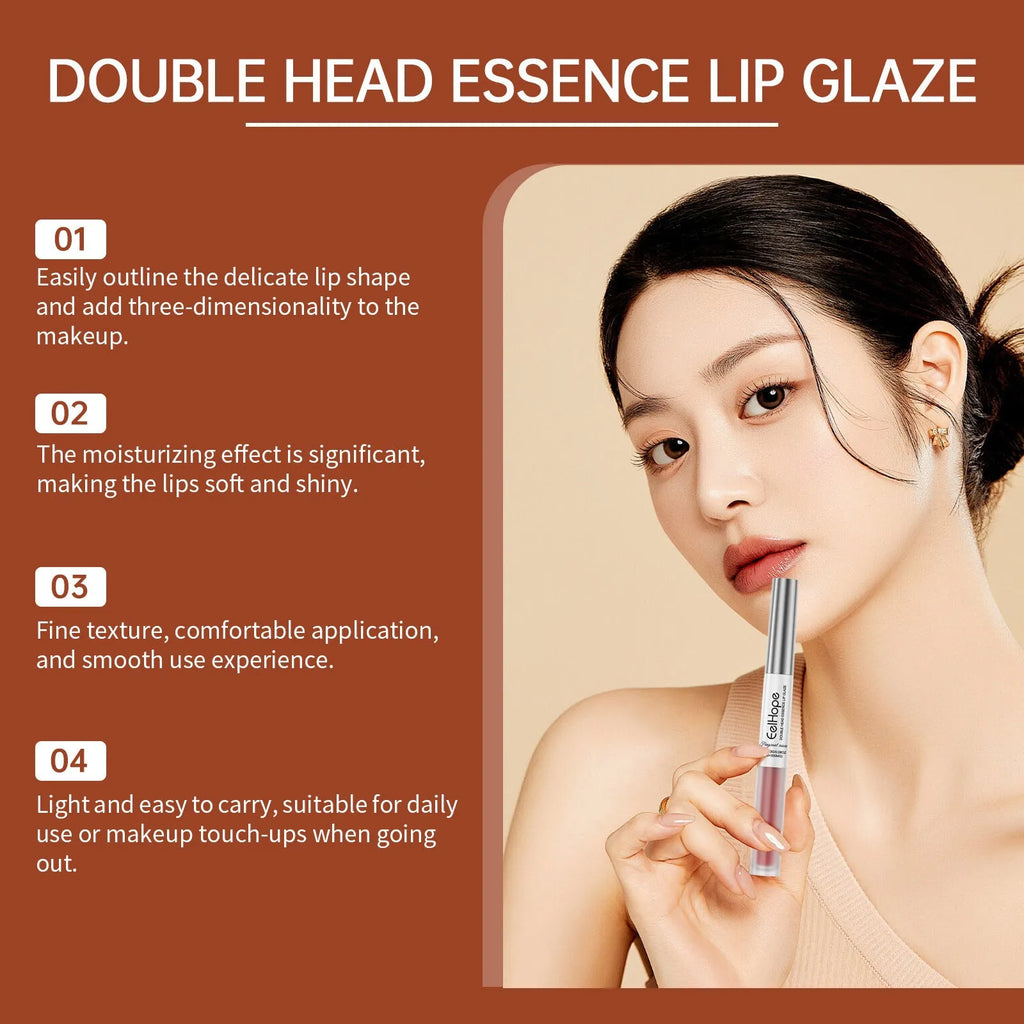 Double-headed lip liner and lip lacquer pen lipstick in twist-up packaging.