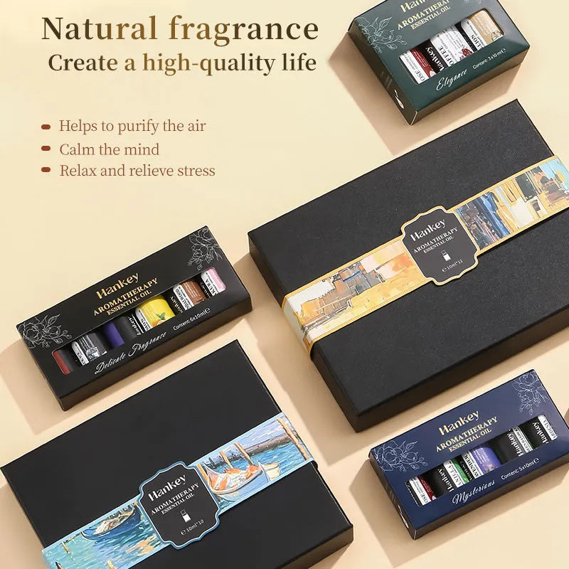 Boxed water-soluble aromatherapy essential oil sets for air freshening in multiple piece combinations