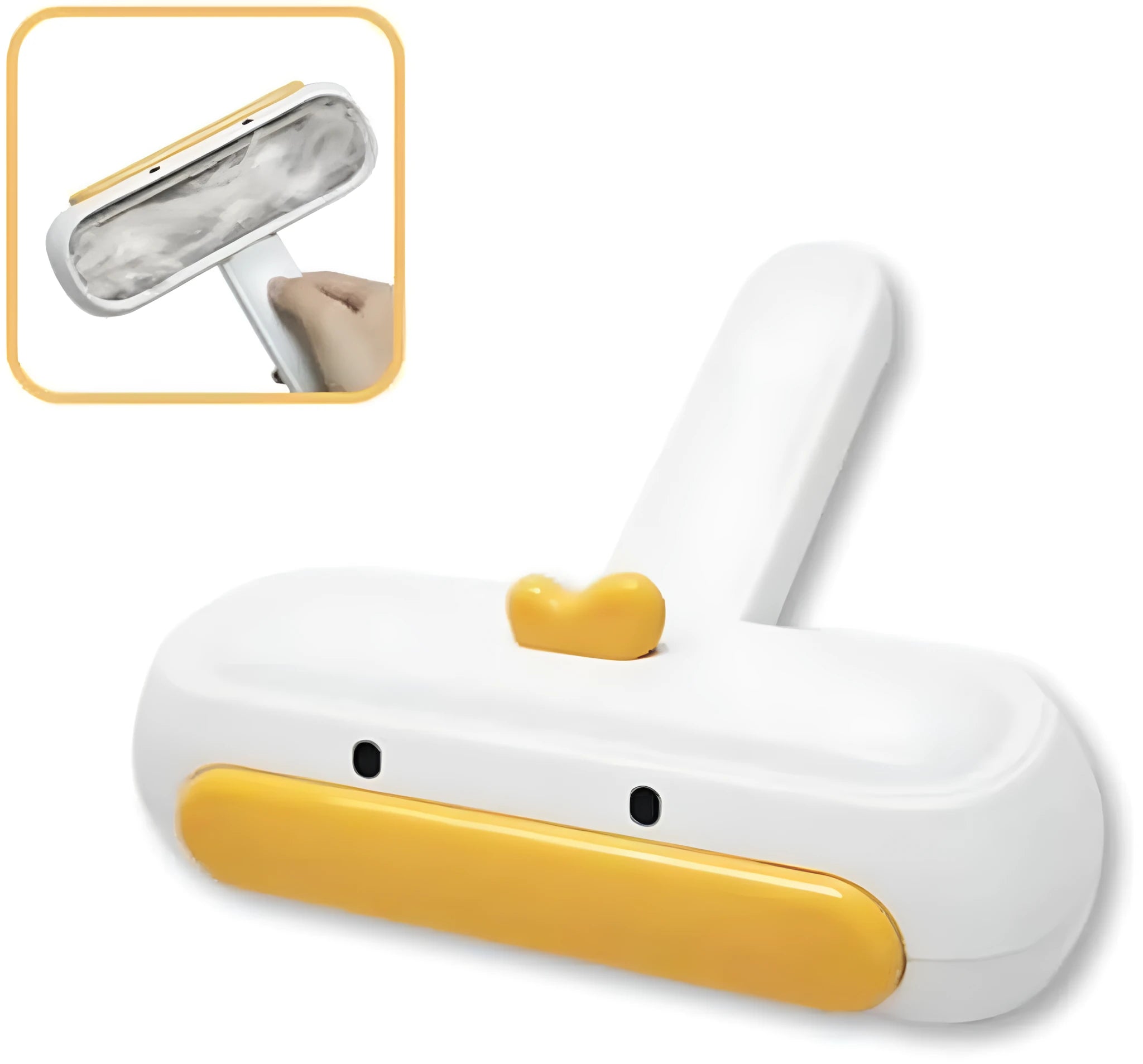 Portable yellow pet hair remover brush with duck design on a fabric sofa.