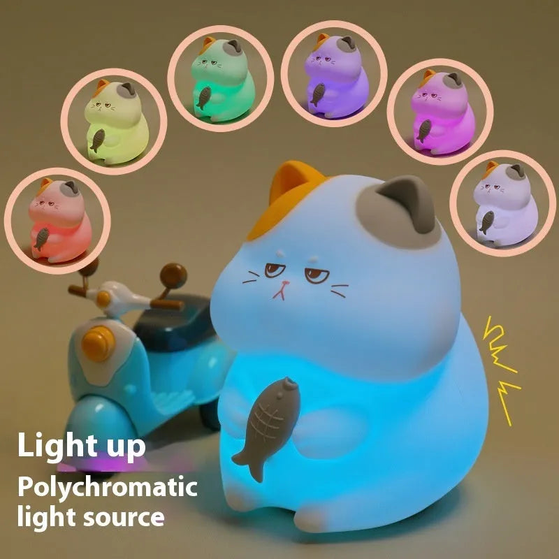 Greedy Cat small desktop night light in whitebait style with cartoon cat shape and LED glow