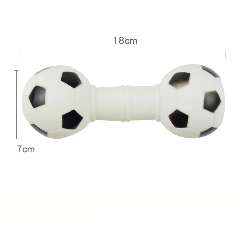 Football dumbbell shaped PVC dog chew toy with squeaker in brown, orange, white or yellow colours