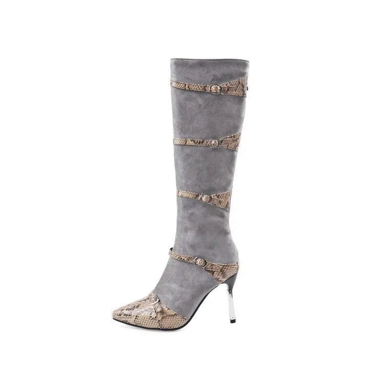 Women's grey knee-high boots with stiletto heels showing shaft height and PU leather texture
