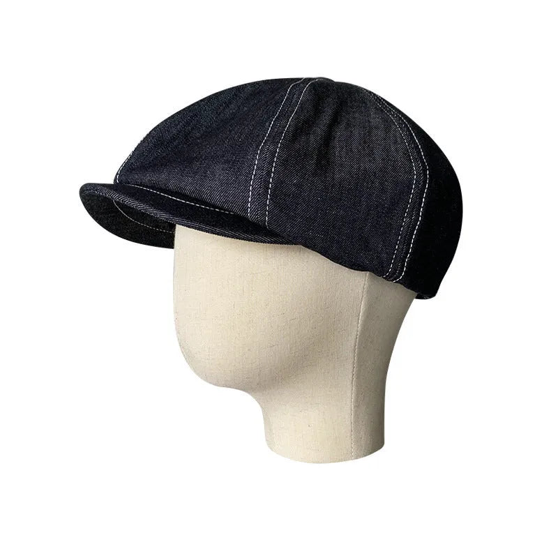 Black octagonal beret hat made from Japanese Denim cotton fabric, shown on a head model.