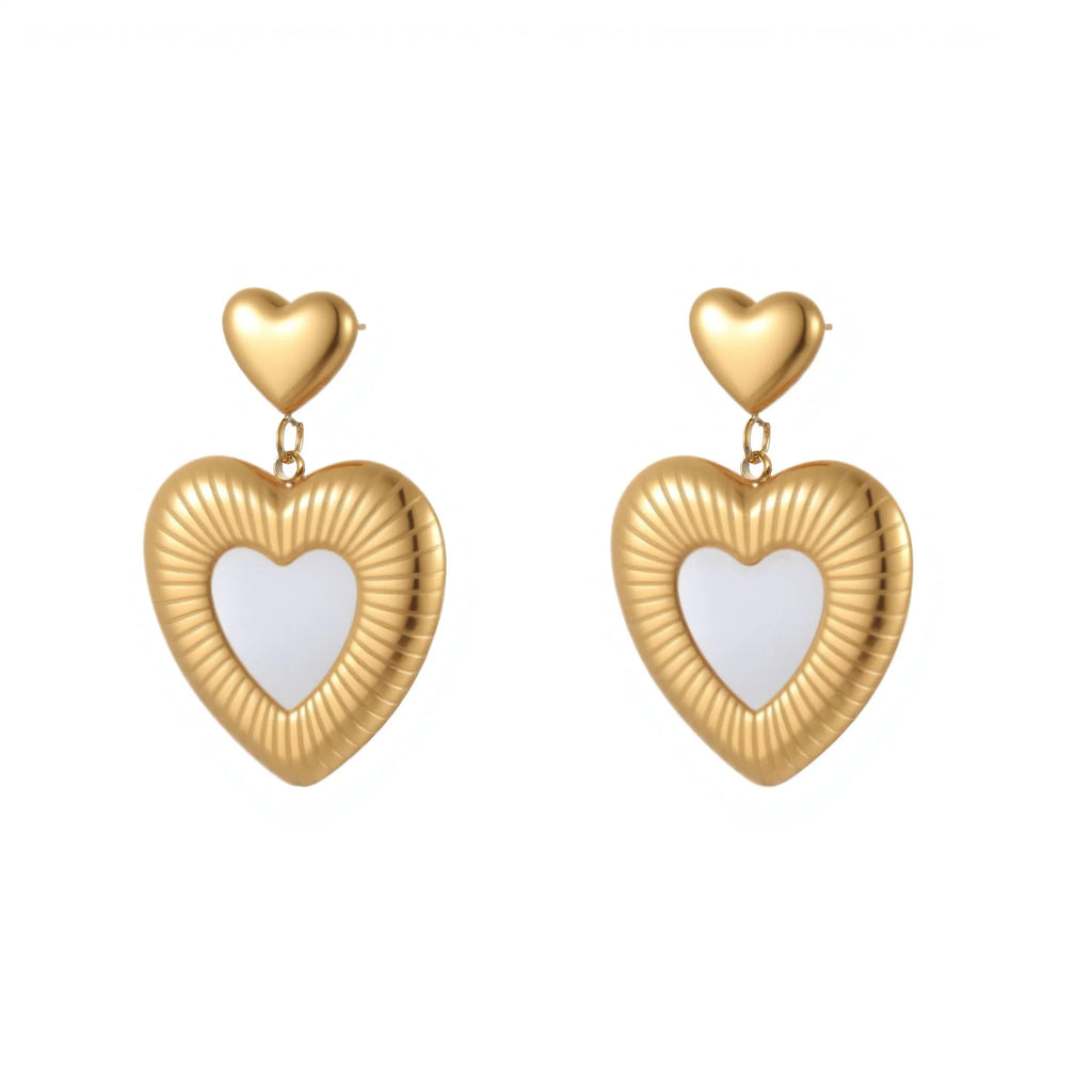 Heart-shaped fritillary earrings with stainless steel construction and 18K gold electroplated finish