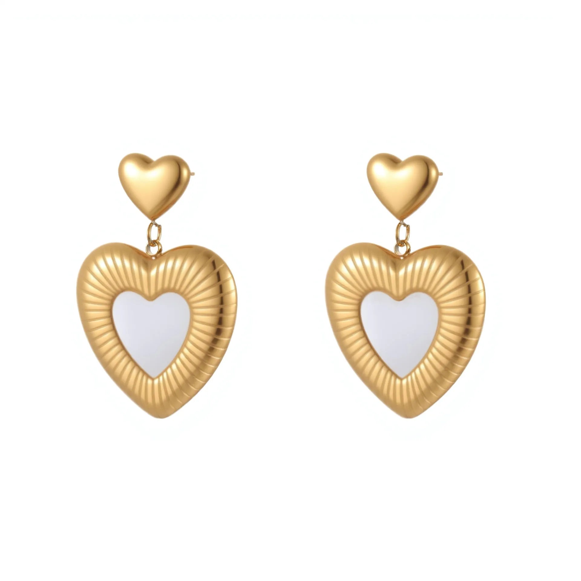Heart-shaped fritillary earrings with stainless steel construction and 18K gold electroplated finish