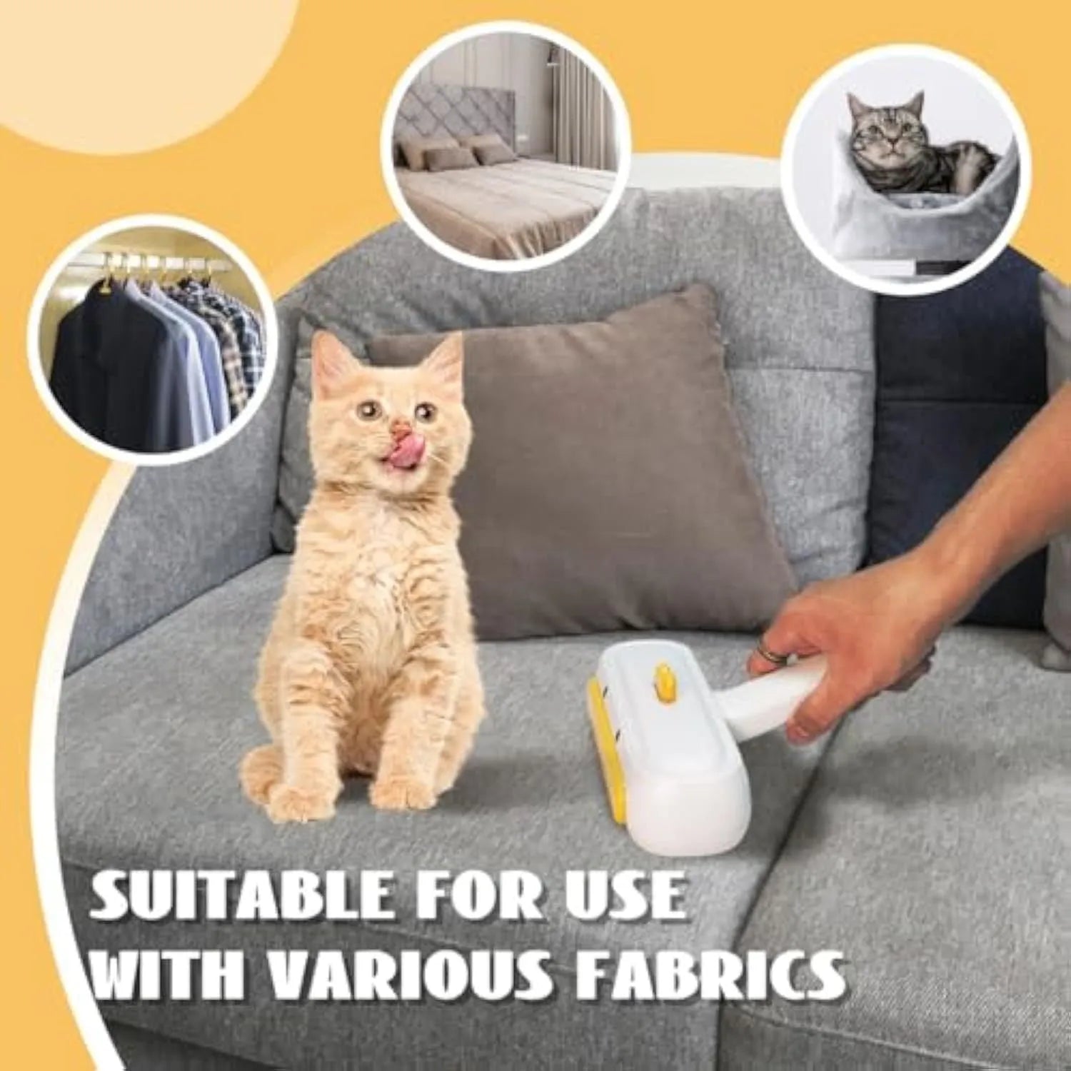 Portable yellow pet hair remover brush with duck design on a fabric sofa.