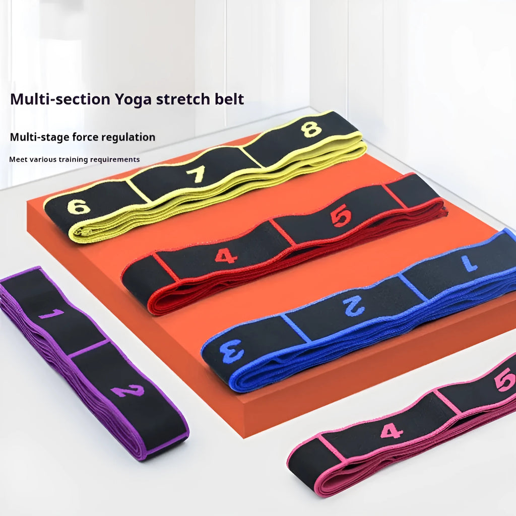 Yoga multi section stretch strap in polyester cotton latex yarn on a fitness mat, available in multiple colours