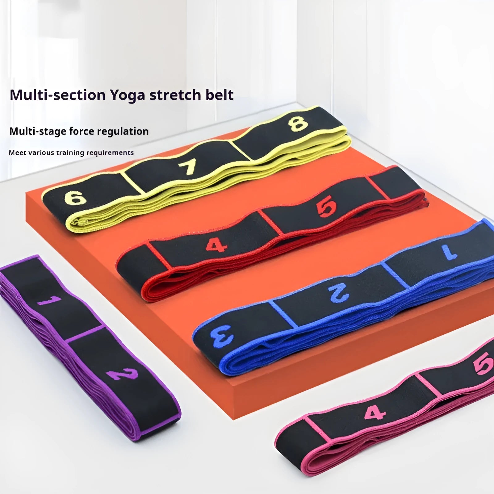 Yoga multi section stretch strap in polyester cotton latex yarn on a fitness mat, available in multiple colours
