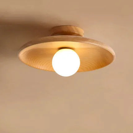 Modern solid wood ceiling lamp with glass shade in light wood and walnut colour finishes.