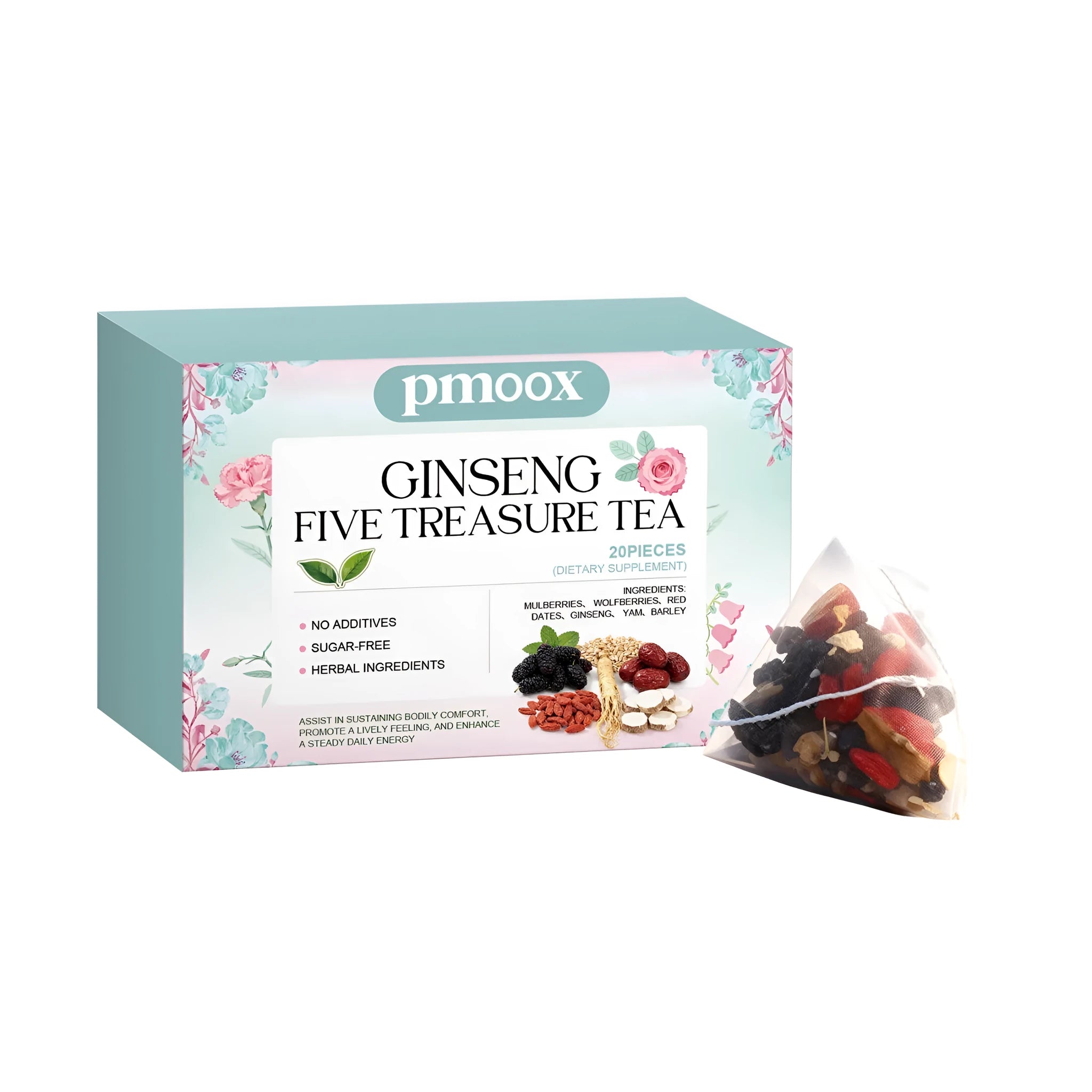 Shen Cui Wu Bao Herbal Health Tea box containing 20 tea bags with mulberry, lycium barbarum, jujube, ginseng, yam and barley