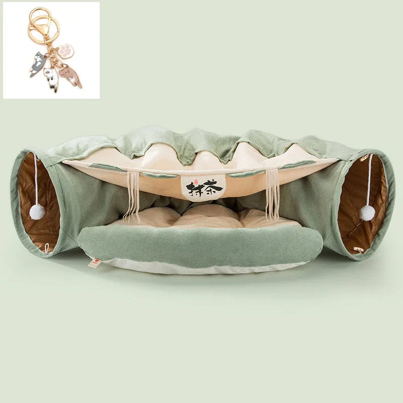 Collapsible pink cloth cat tunnel for small cats folded next to unfolded tunnel