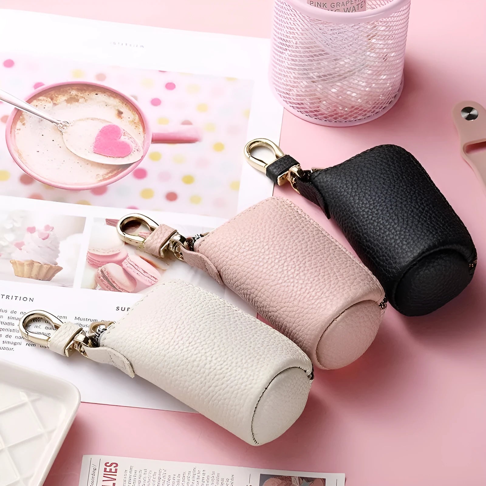 Men's waterproof PU zipper key case in black, grey, or pink macaron colours