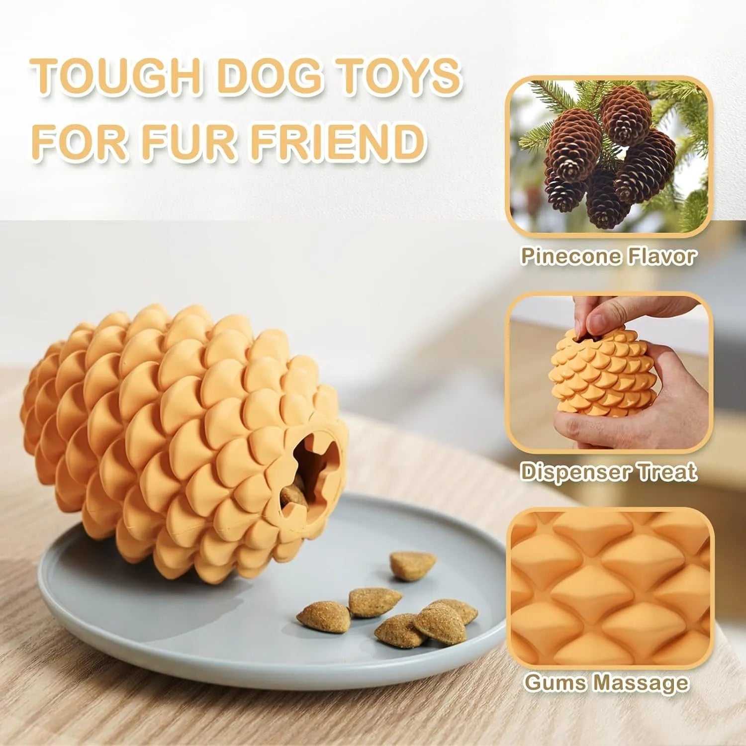 Pine cone shaped natural rubber dog chew toy with textured surface for dental care