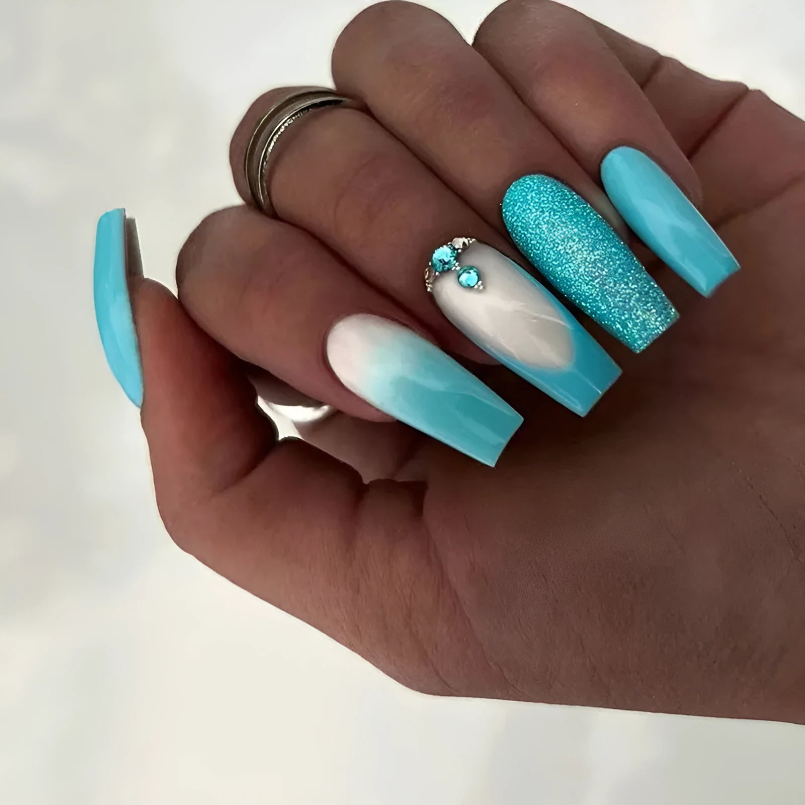 Smart blue diamond colour long ballet artificial nail art patches with glue