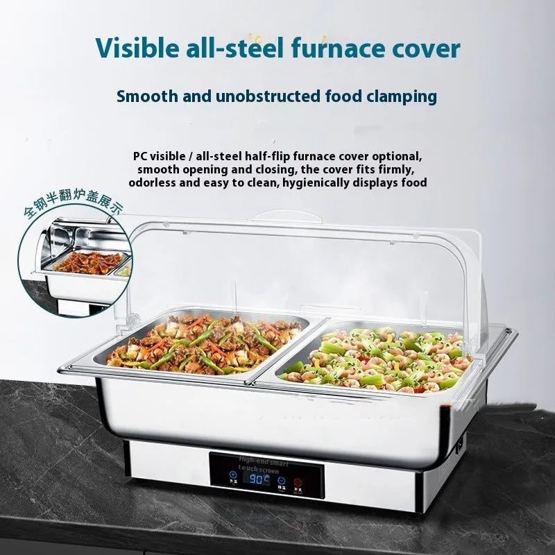 Stainless steel electric buffet stove with a transparent flip-up lid and LCD control screen