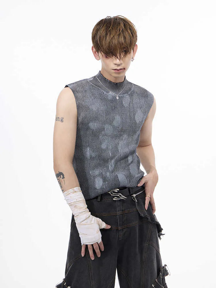 Men's silver pastebrushing wool stretch turtleneck sleeveless vest in black, front view