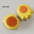 Pet bath brush with built-in shampoo box showing blue, orange and yellow colour options