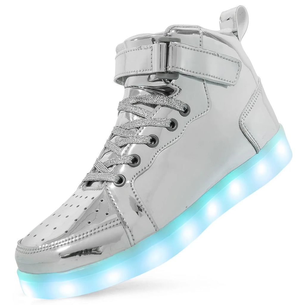 LED high-top board shoes with velcro strap and light-up sole in black, gold, and white colours