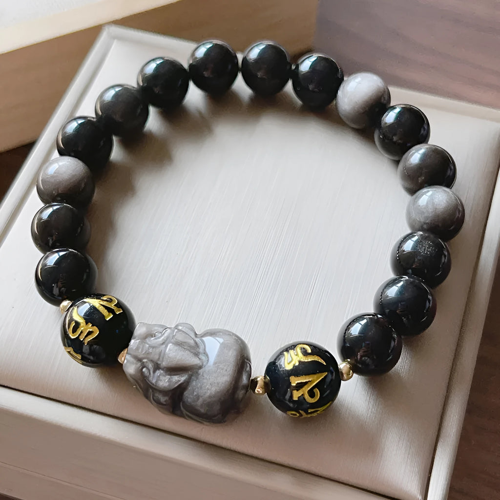 Men's Chinese-style silver stone bracelet with hand-crafted beads featuring zodiac and proverb inscriptions.