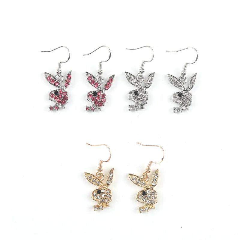 Cute full diamond rabbit stud earrings in silver, pink and gold colours.