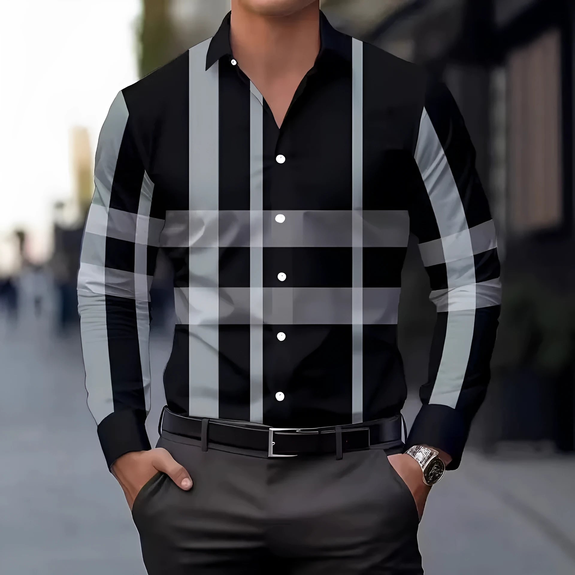 Men's striped button-up long sleeve shirt in polyester fabric with lapel collar
