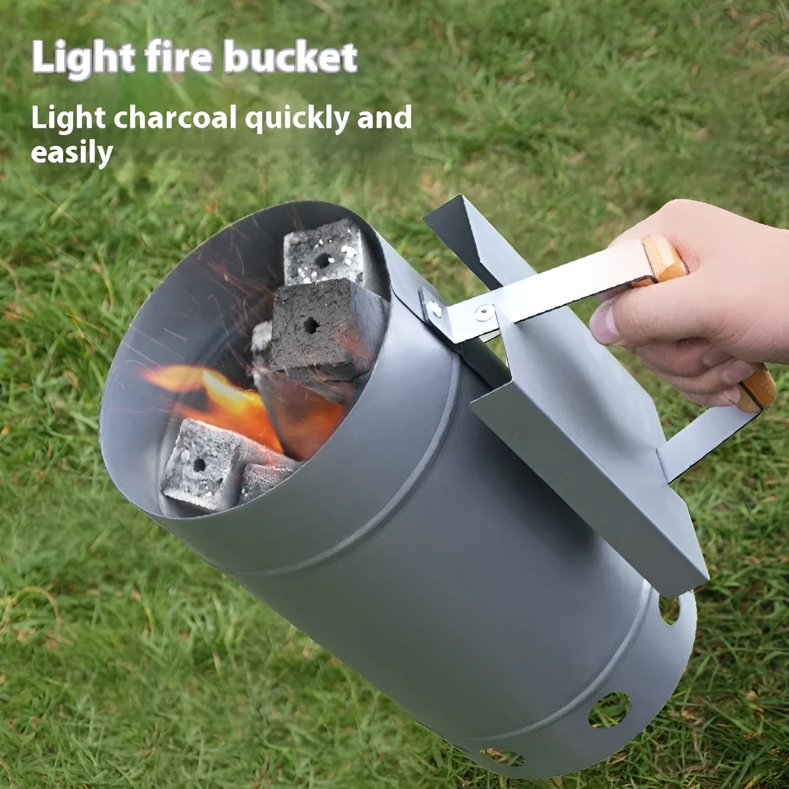 Zinc-iron alloy point carbon barrel style charcoal fire pit with oven igniter for outdoor barbecues.