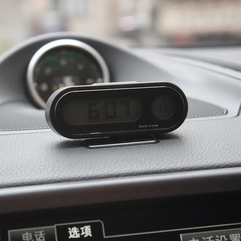 Black car electronic clock thermometer with digital display and adjustable bracket