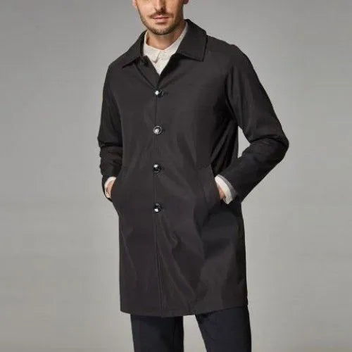 Men's mid-length loose rabbit fur trench coat in khaki, front view, showing relaxed fit