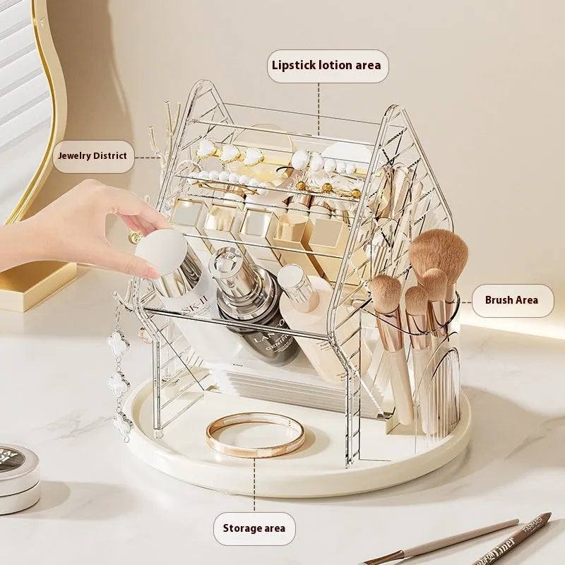 Clear and amber gold rotating plastic cosmetics storage box organiser with 360-degree spin base.