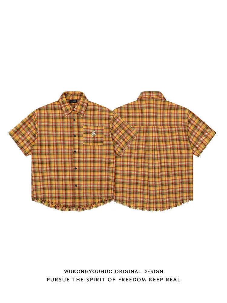 Yellow grid pattern short sleeve plaid shirt with embroidery pocket, loose fit design