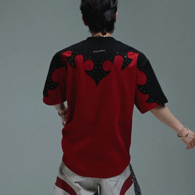Men's loose fit T-shirt with burnt flower stitching and rhinestone detail on heavyweight cotton fabric