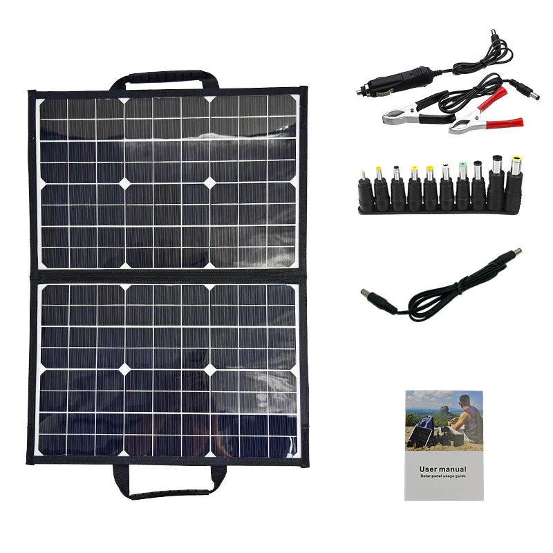 Black 40W single crystal solar folding panel showing compact folded size.