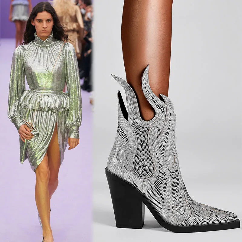 Women's square toe chunky heel rhinestone flame Martin boots in solid colour, side zipper, low tube