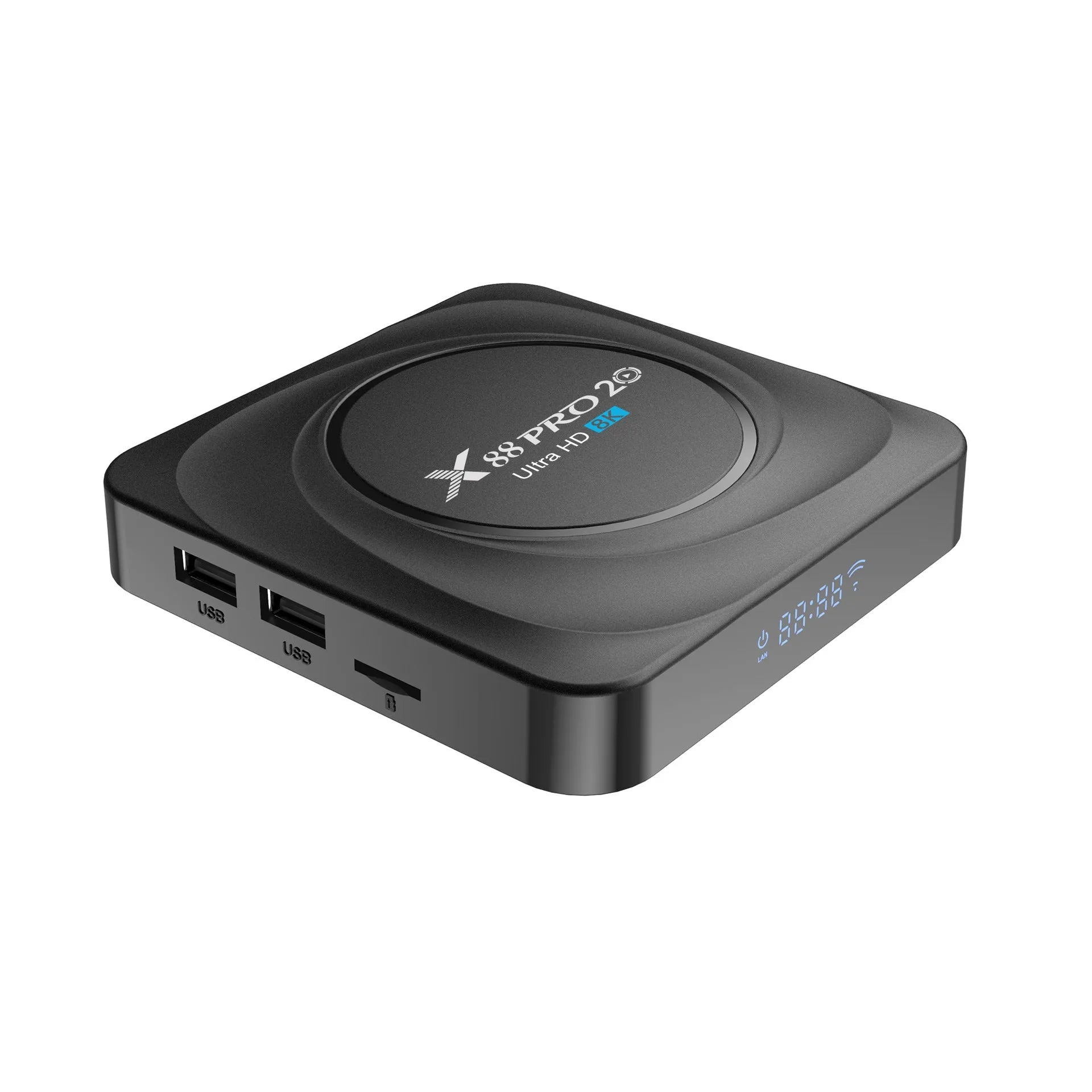 Dual-band WiFi Bluetooth TV box with Android 11.0, HDMI output, infrared remote, and UK power plug