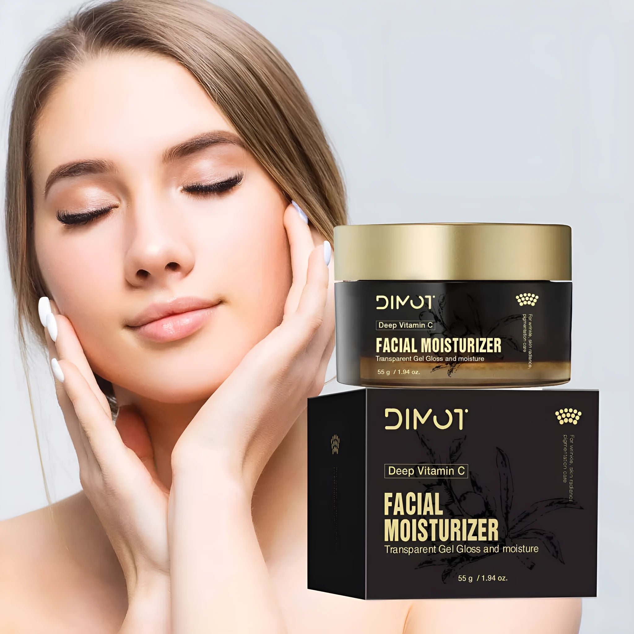 Deep Dimension C Moisturizing Facial Cream in a white tub with a black lid, 50ml size
