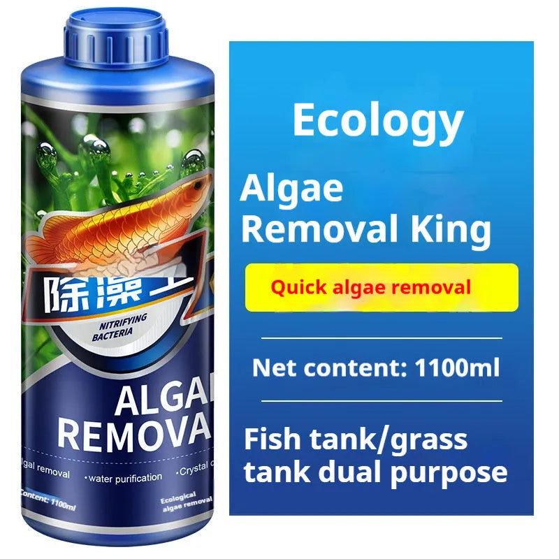 Bottle of fish tank algaecide algae remover for pond and aquarium green algae treatment