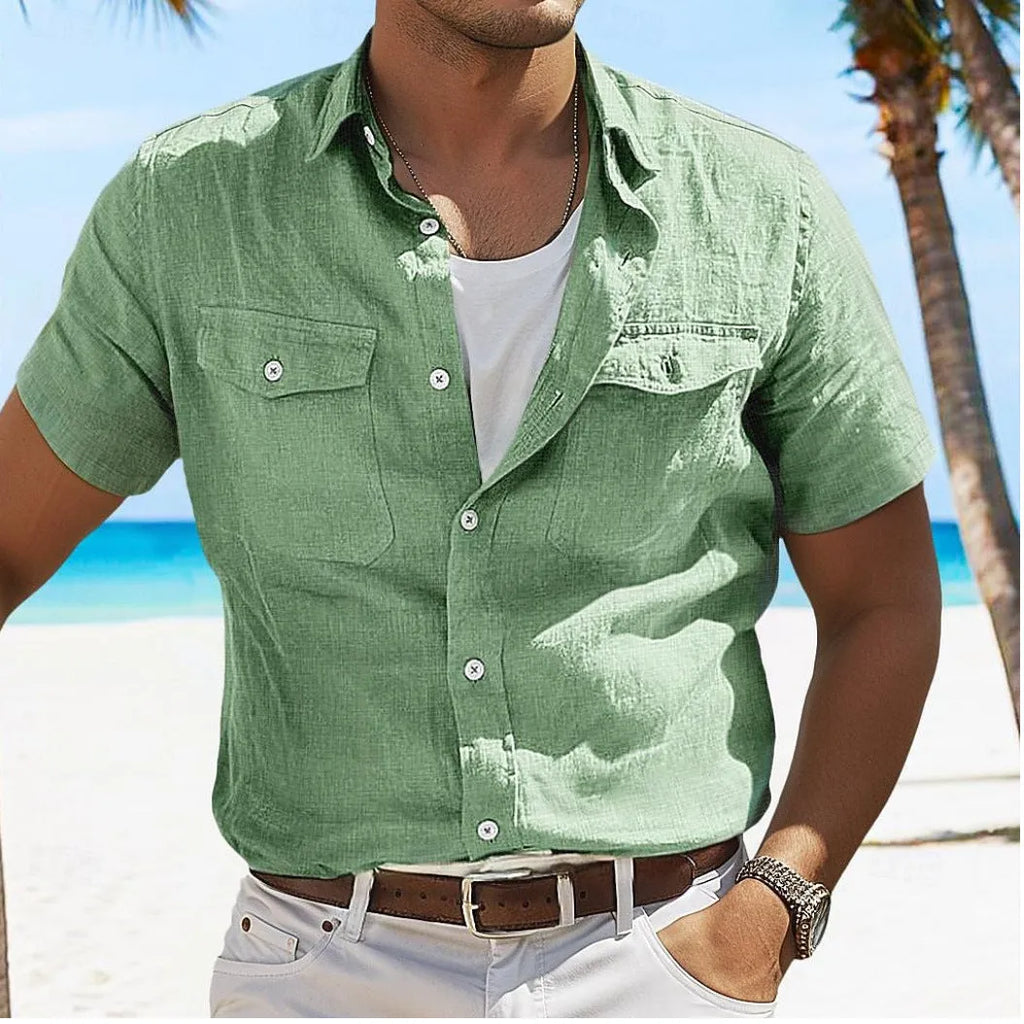 Men's loose-fit linen summer shirt with polo collar in solid colours grey, green, sky blue, apricot
