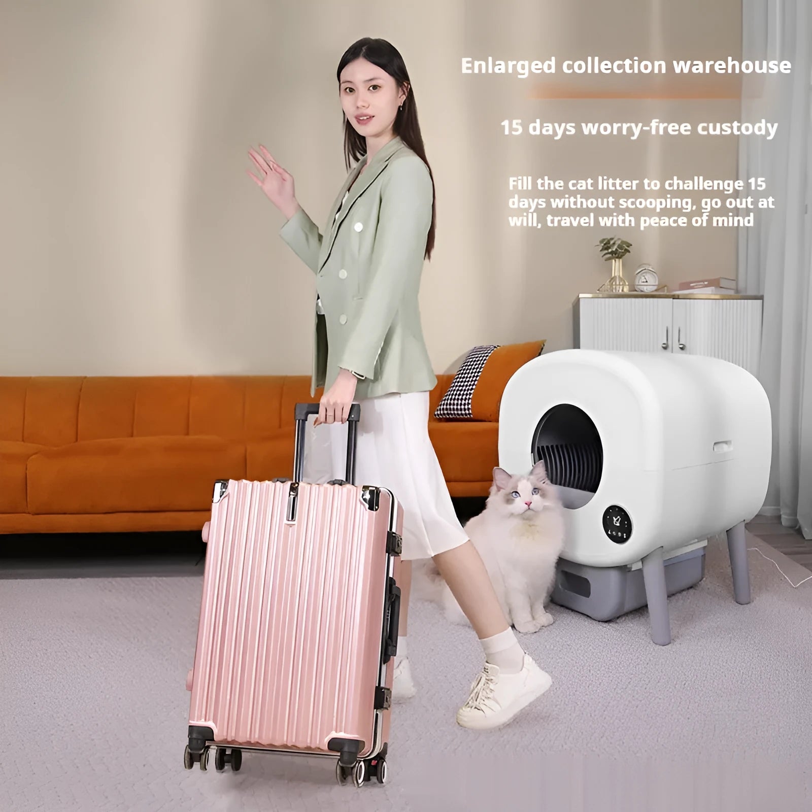 Automatic self-cleaning cat litter box with control panel and waste compartment