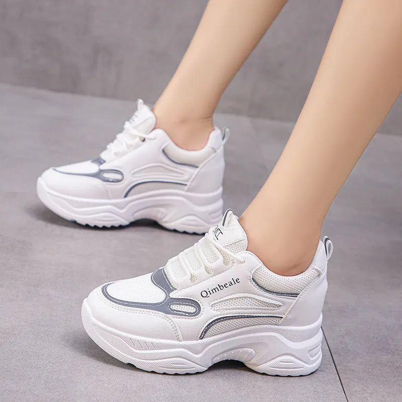 White mesh and PU dad sneakers with height-increasing platform sole and 6-8cm wedge heel