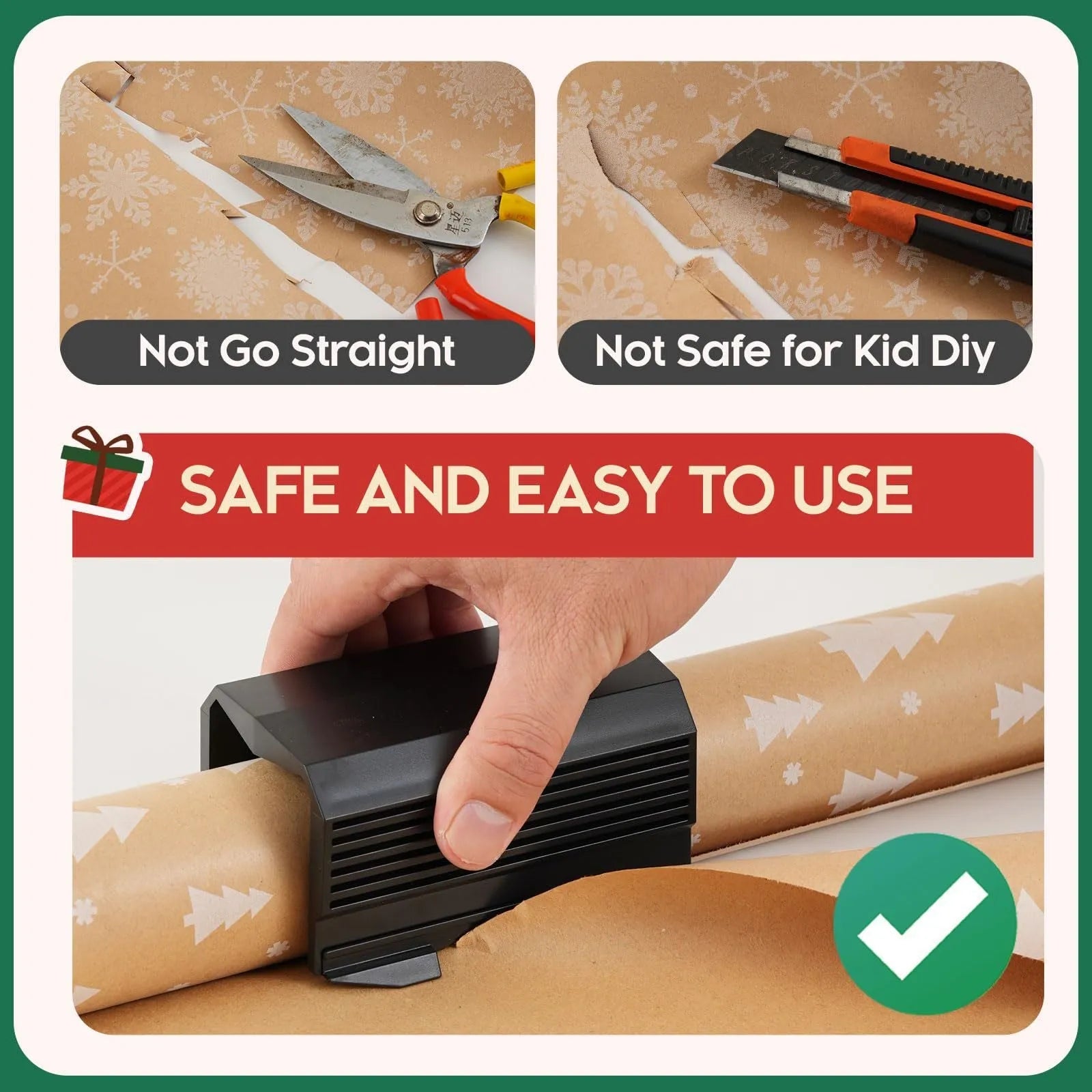Plastic injection-moulded roll paper cutter in black, red, and green, with a single pack and 2-pack option