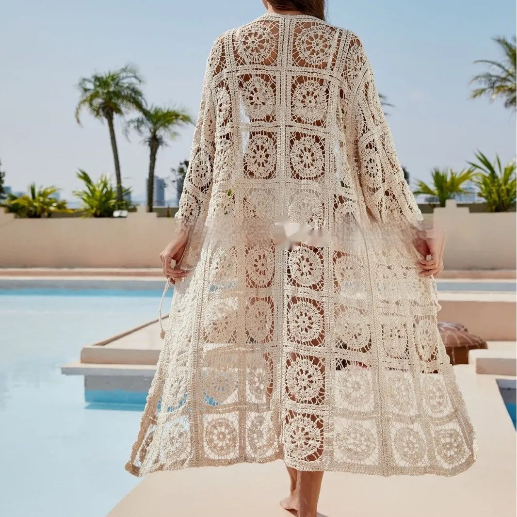 Loose embroidered apricot cotton long sleeve sun protection shirt for women beach cover-up free size