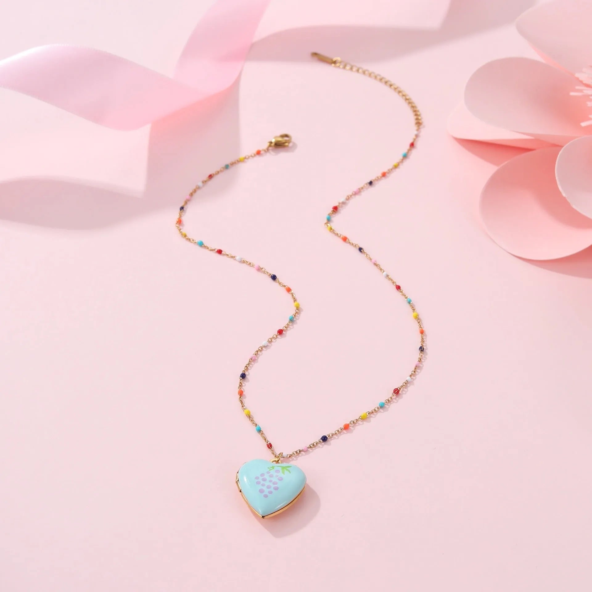 Women's gold-plated stainless steel necklace with fruit heart pendant on adjustable chain
