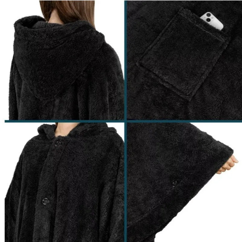 Heavy weight hooded bathrobe in polyester fleece fabric shown in black, dark grey and pink colour options